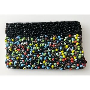 Handmade Beaded Coin Purse Indonesia Black Multicolor Seed Beads Boho Zip Pouch